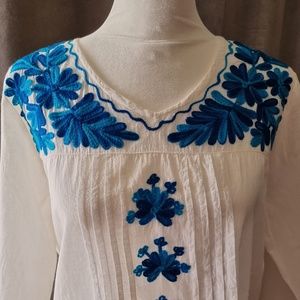 Embroidered Top White/Blue, Long sleeve, size S, 100% Cotton